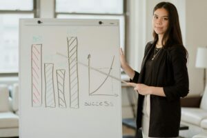 A female presenter discussing growth strategy with colleagues during a planning session.